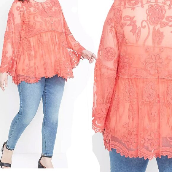Lane Bryant Embroidered Sheer Mesh Babydoll Top Sz 18/20 Romantic Porcelain Rose - Picture 1 of 10